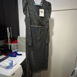 Mac Duggal Metallic Charcoal Wrap Gown with Sparkle